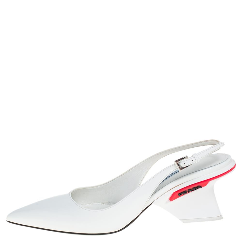 A simple pointed-toe slingback pump elevated on a unique, branded heel brings out the modern charm of this Prada design. The shoes are made of white leather and carefully fashioned to ensure every step you take is comfortable and stylish.

Includes: