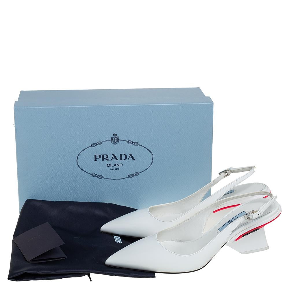 Women's Prada White Leather Logo Embellished Slingback Pumps Size 36