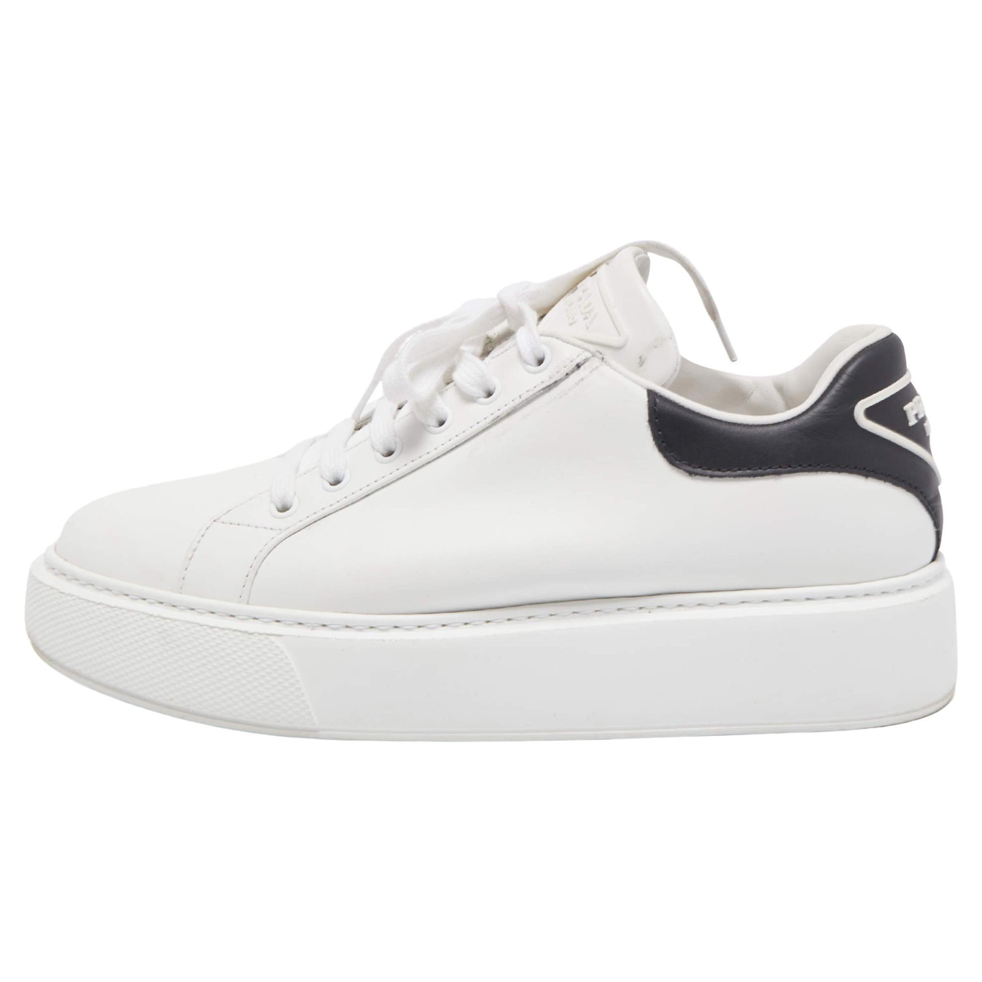 Prada White Leather Macro Low Top Sneakers Size 41