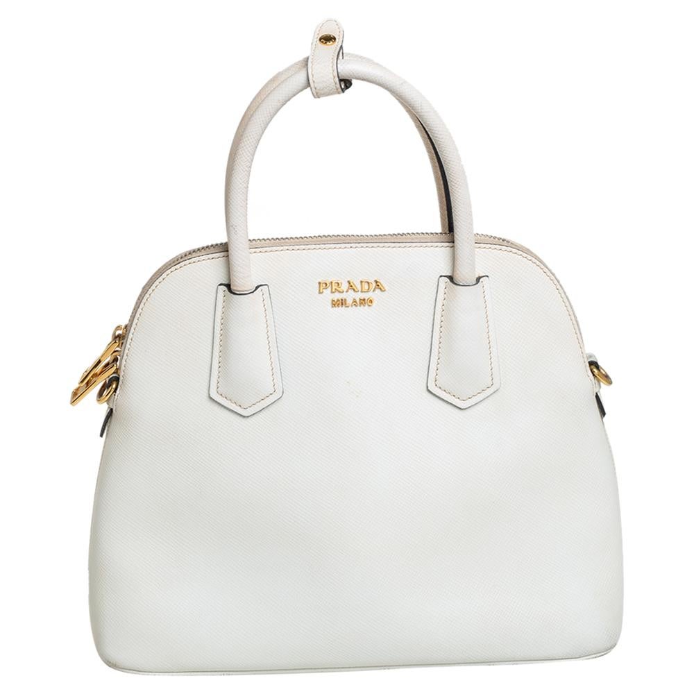 Prada White Leather Medium Cuir Dome Satchel