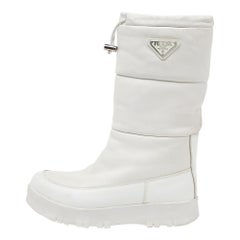 Used Prada White Leather Mid Calf Boots Size 39.5