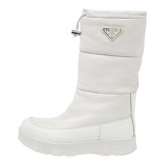 Used Prada White Leather Mid Calf Boots Size 39.5