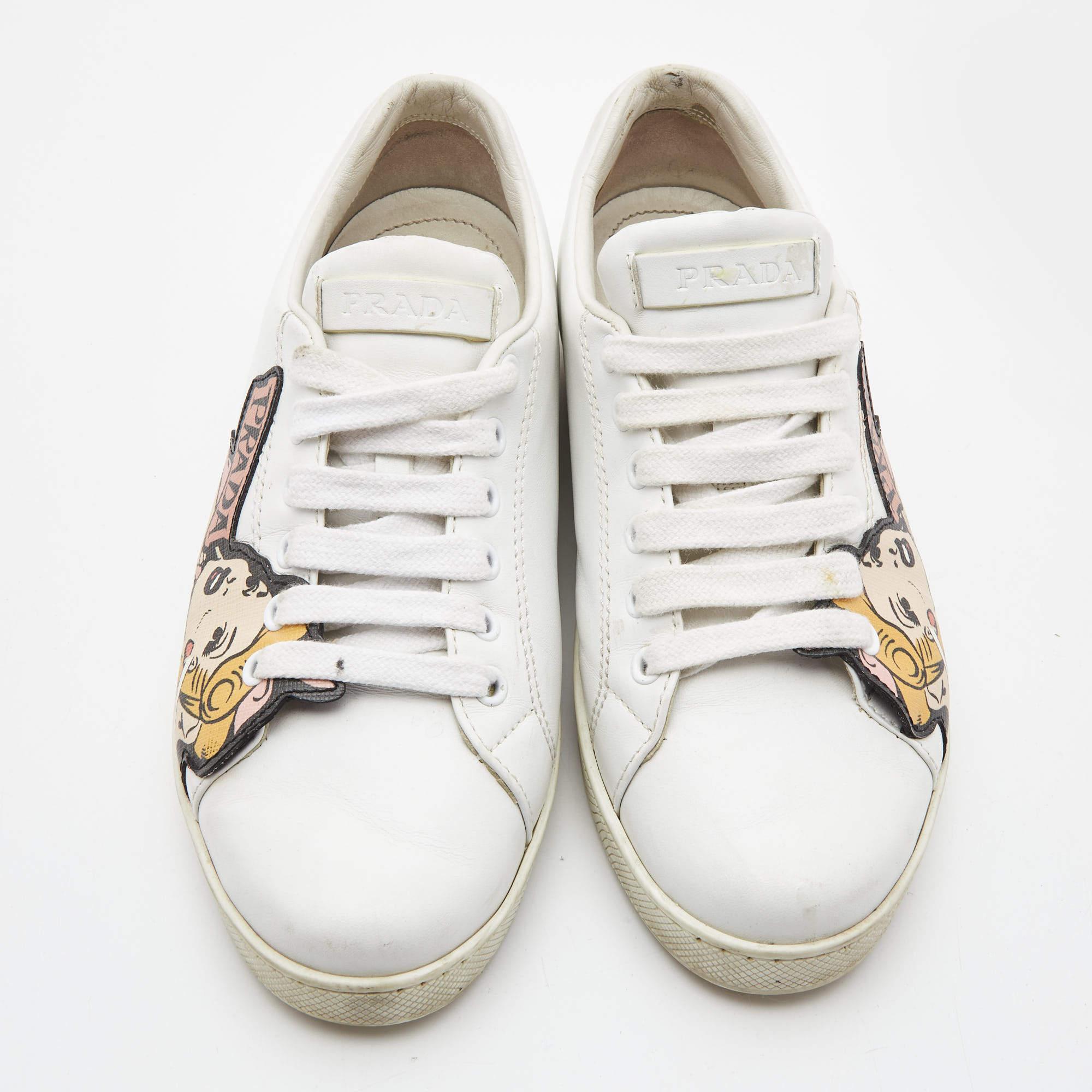 Prada White Leather Patch Work Low Top Sneakers Size 39 In Good Condition In Dubai, Al Qouz 2