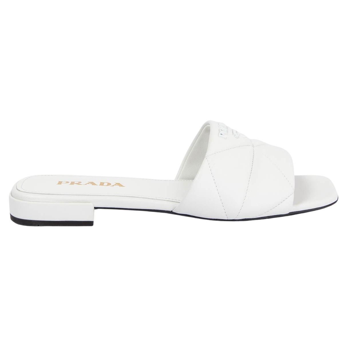 PRADA cuir blanc QUILTED SABOTS Slide Shoes 39.5