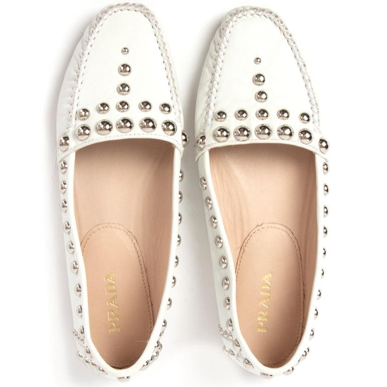 PRADA white leather STUDDED Moccasins Loafers Flats Shoes 39.5 For Sale at  1stDibs