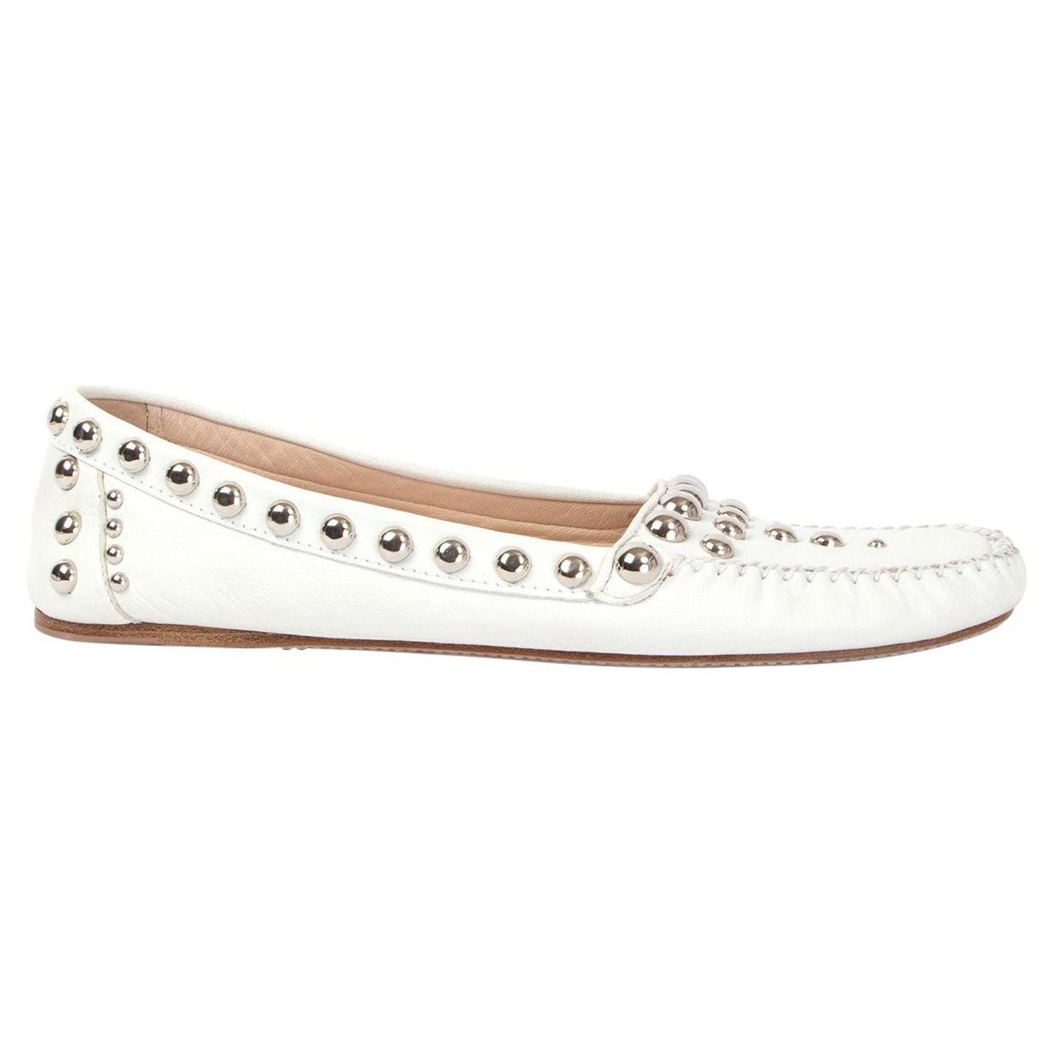 PRADA white leather STUDDED Moccasins Loafers Flats Shoes 39.5 For Sale at  1stDibs