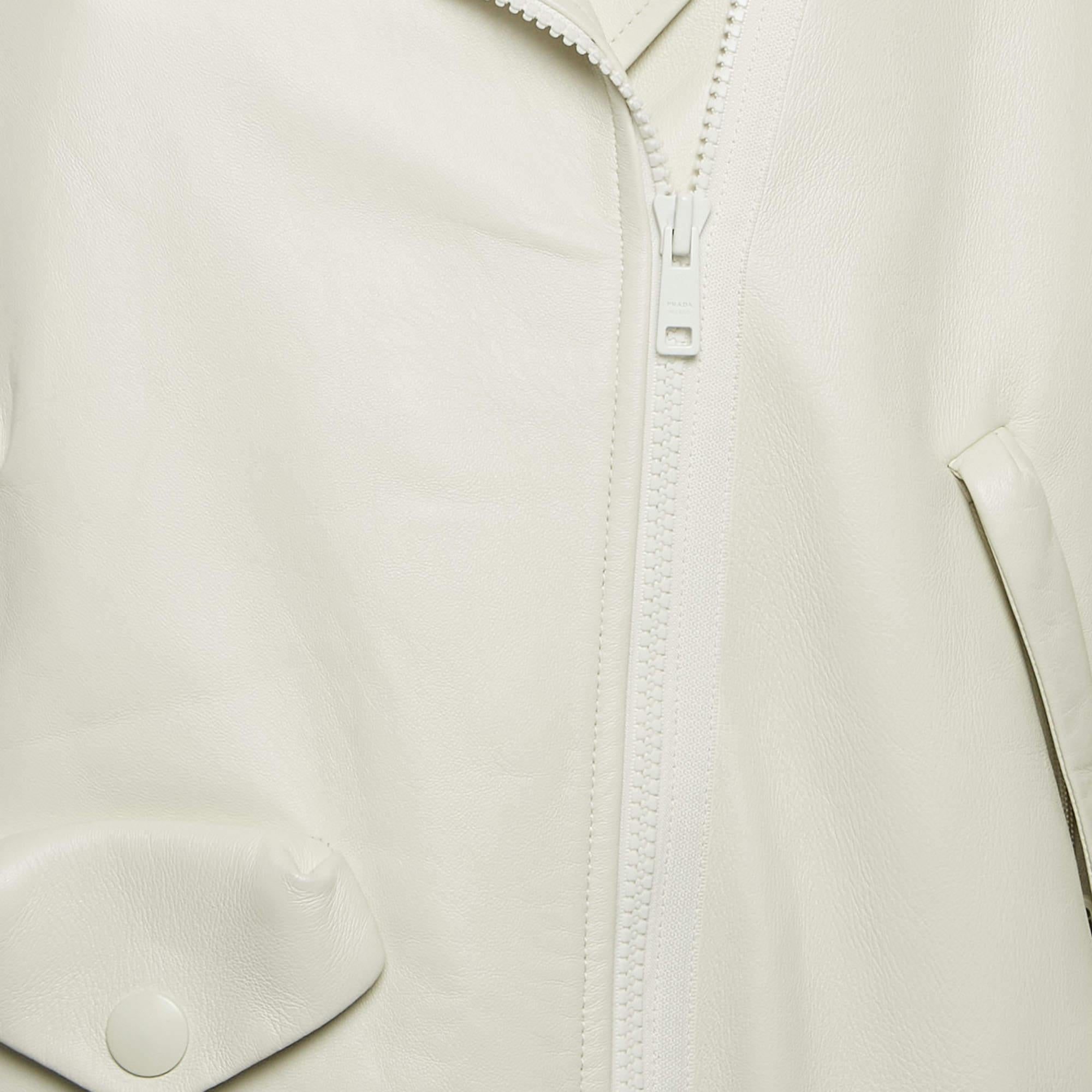 Prada White Nappa Leather Biker Jacket S In Excellent Condition For Sale In Dubai, Al Qouz 2