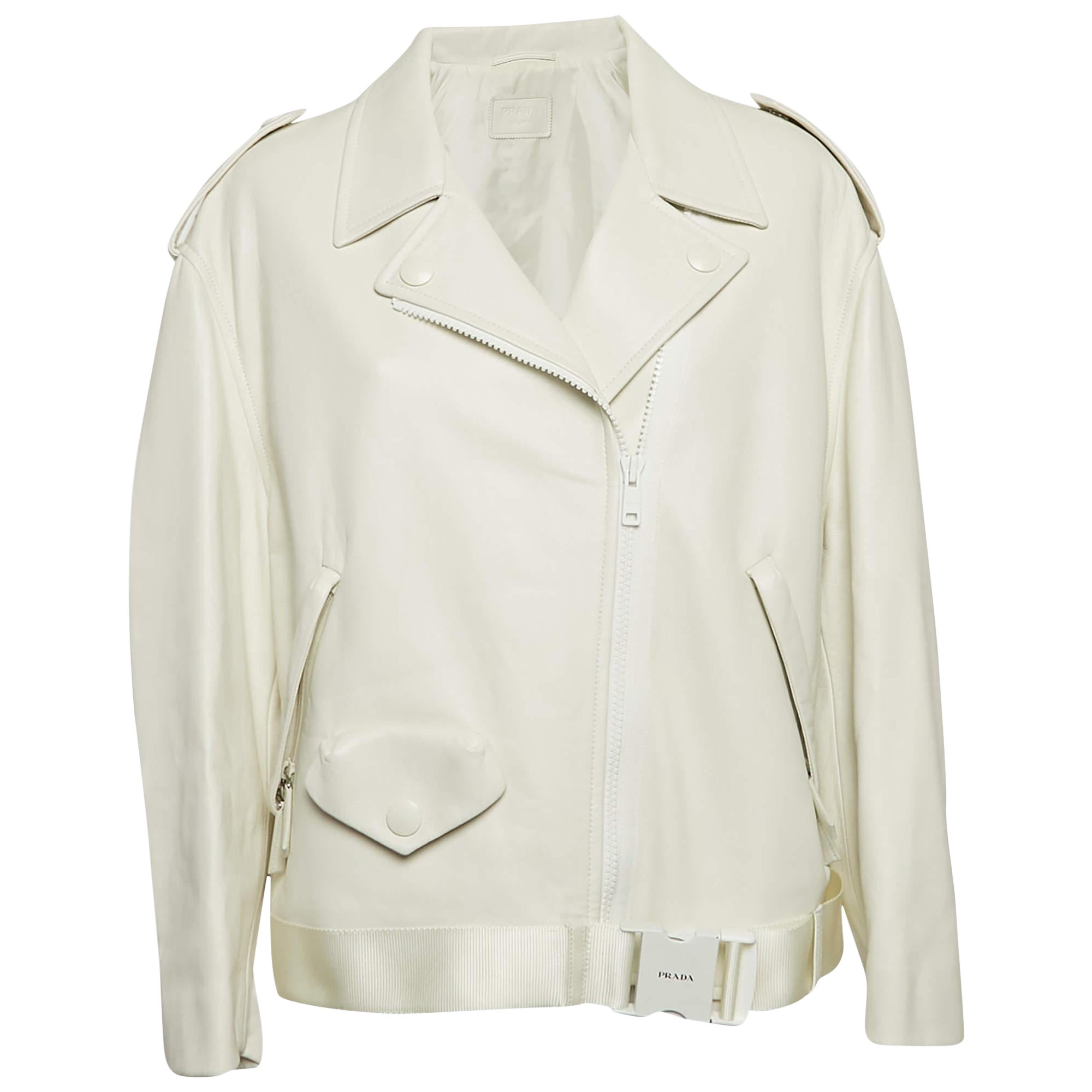 Prada White Nappa Leather Biker Jacket S