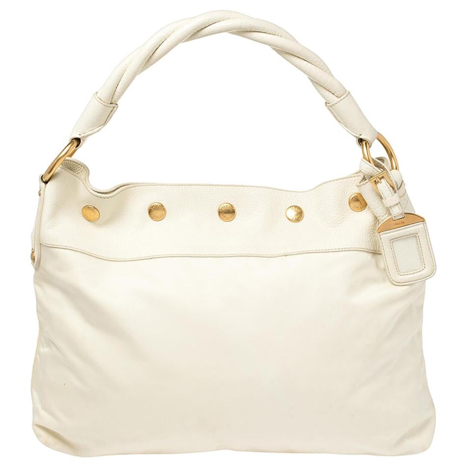 Prada White Nylon and Leather Braided Handle Hobo For Sale