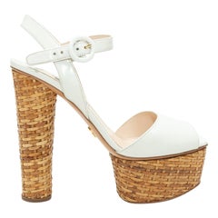 Prada White Patent Leather & Straw Platform Sandals