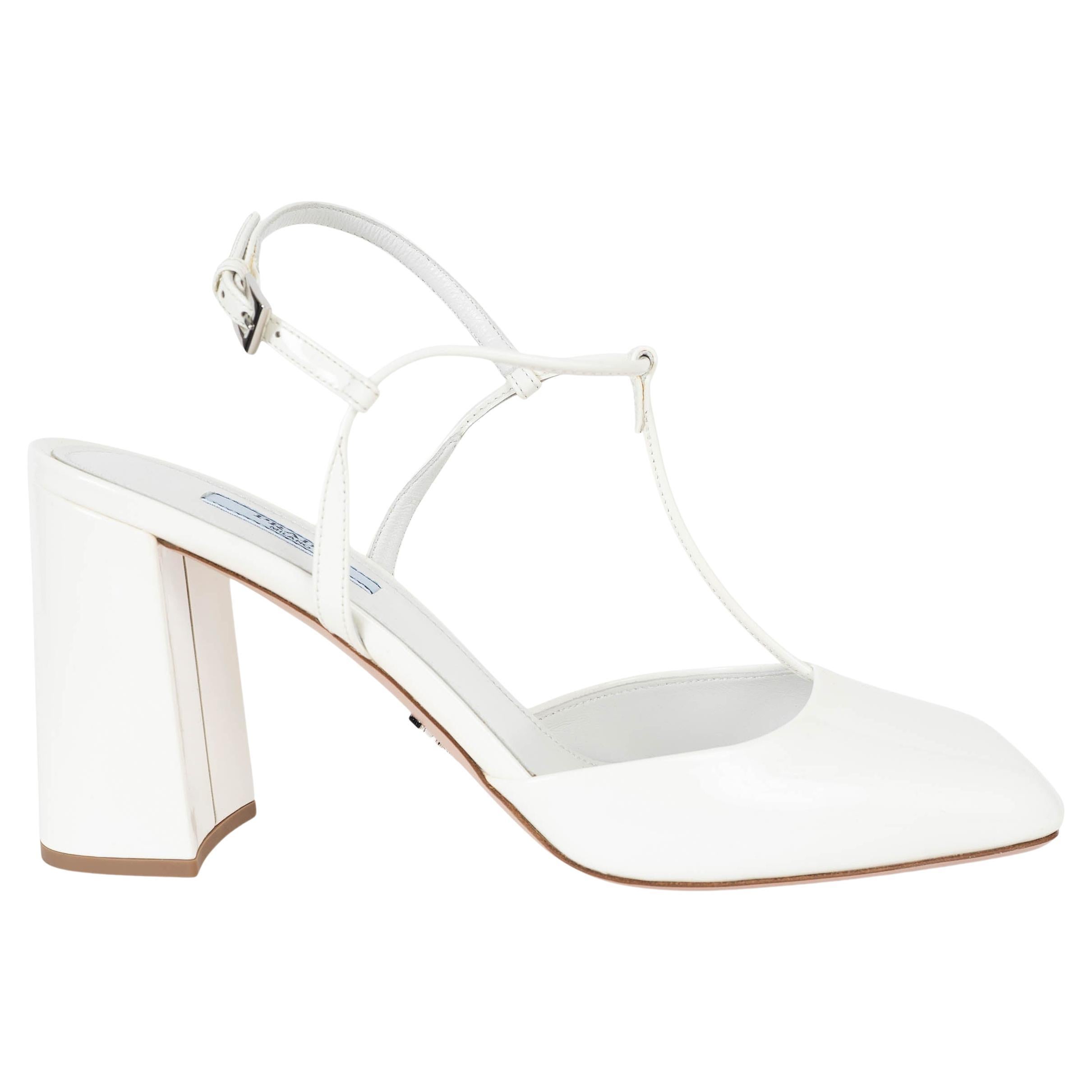 PRADA white patent leather T-BAR BLOCK HEEL Slingbacks Shoes 39