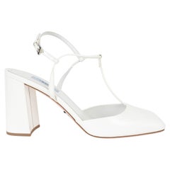 PRADA white patent leather T-BAR BLOCK HEEL Slingbacks Shoes 39