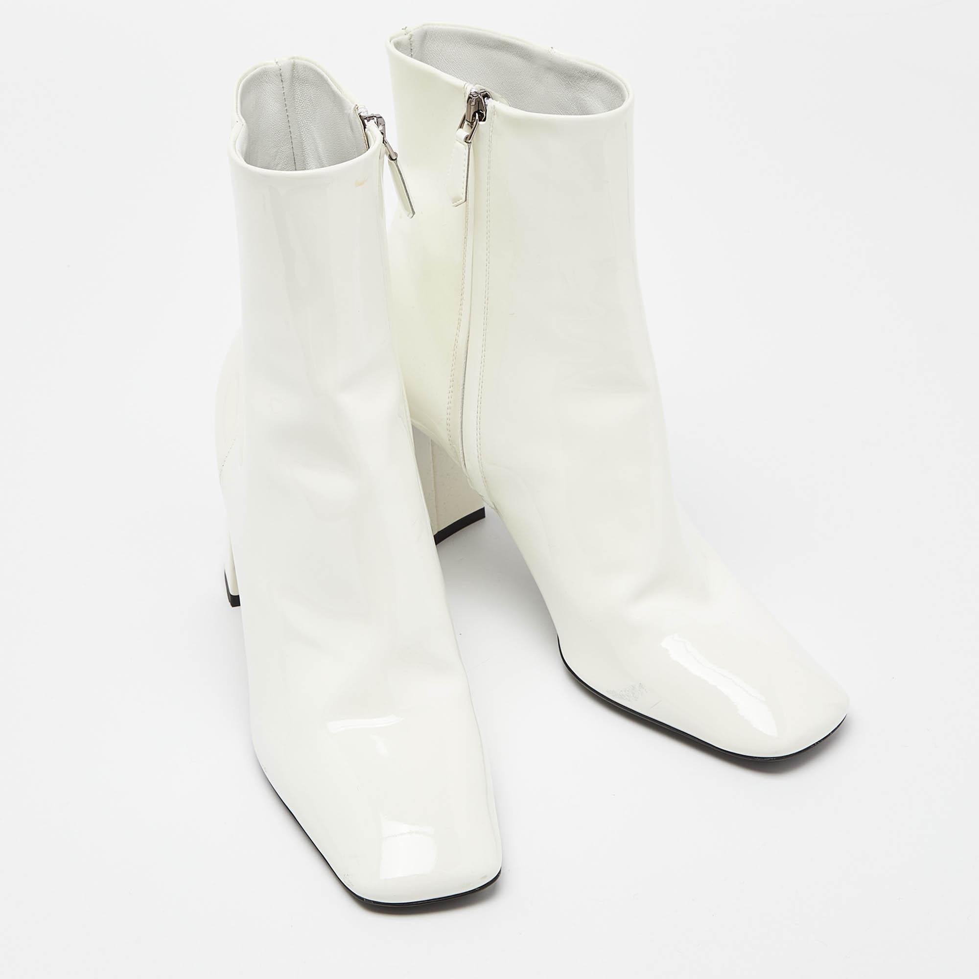 Prada White Patent Leather Zip Ankle Boots Size 37 For Sale 1