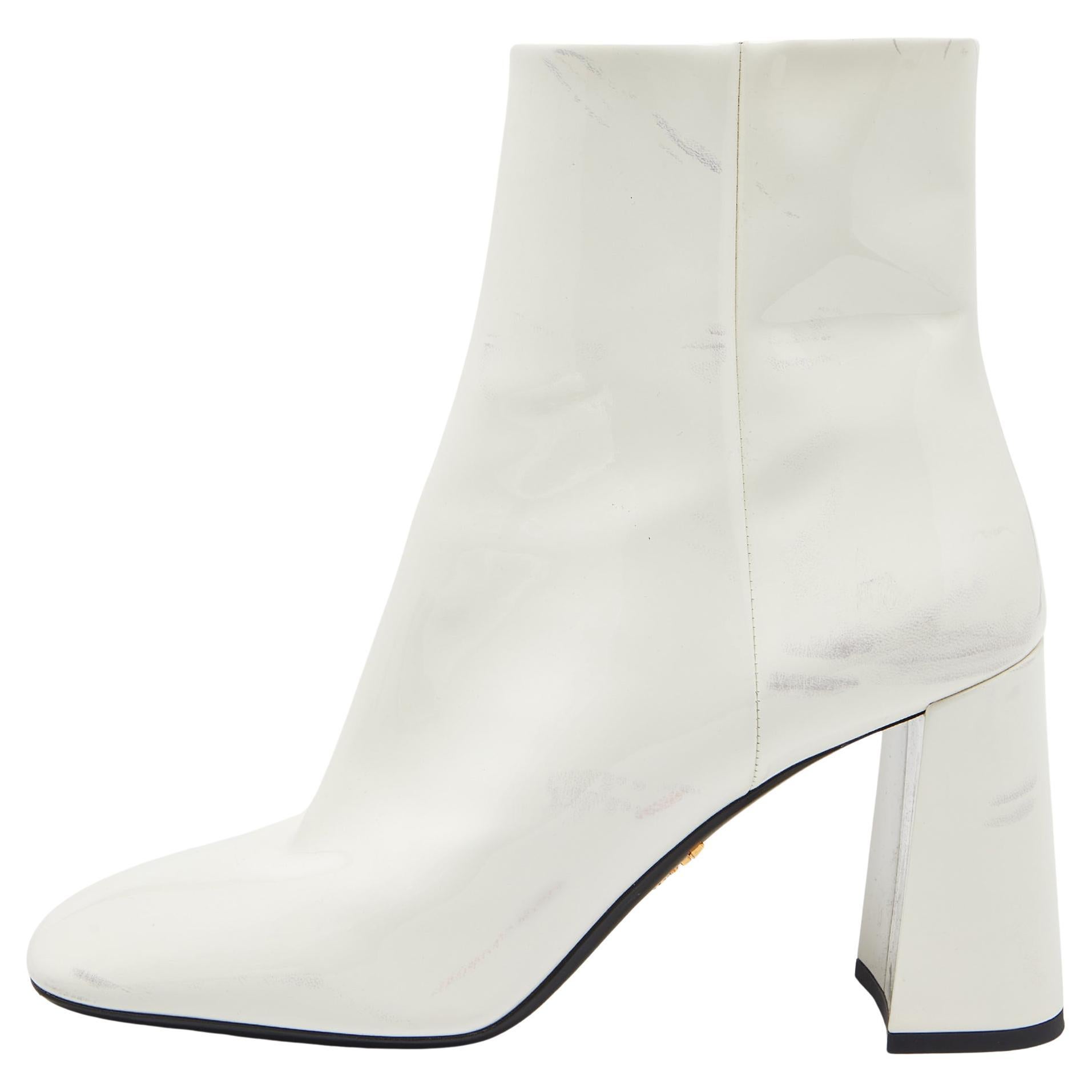 Prada White Patent Leather Zip Ankle Boots Size 37 For Sale