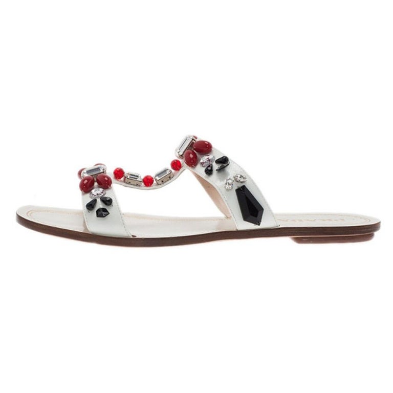 Prada White Patent Saffiano Leather Jeweled Flat Sandals Size 39.5 at ...