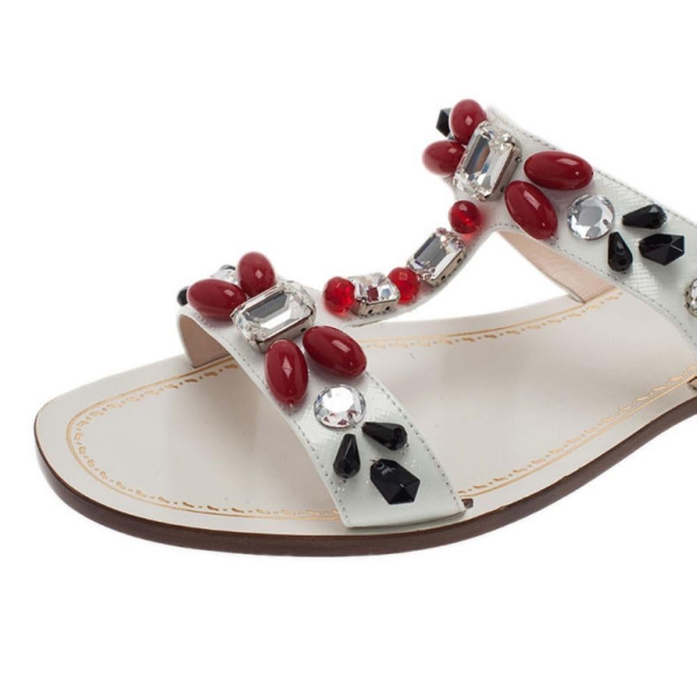 Women's Prada White Patent Saffiano Leather Jeweled Flat Sandals Size 39.5