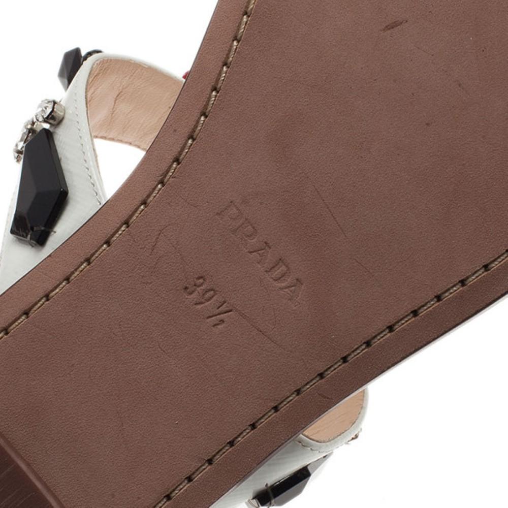 Prada White Patent Saffiano Leather Jeweled Flat Sandals Size 39.5 1