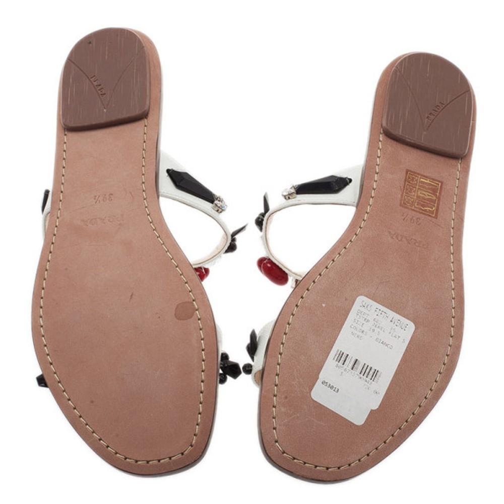 Prada White Patent Saffiano Leather Jeweled Flat Sandals Size 39.5 2