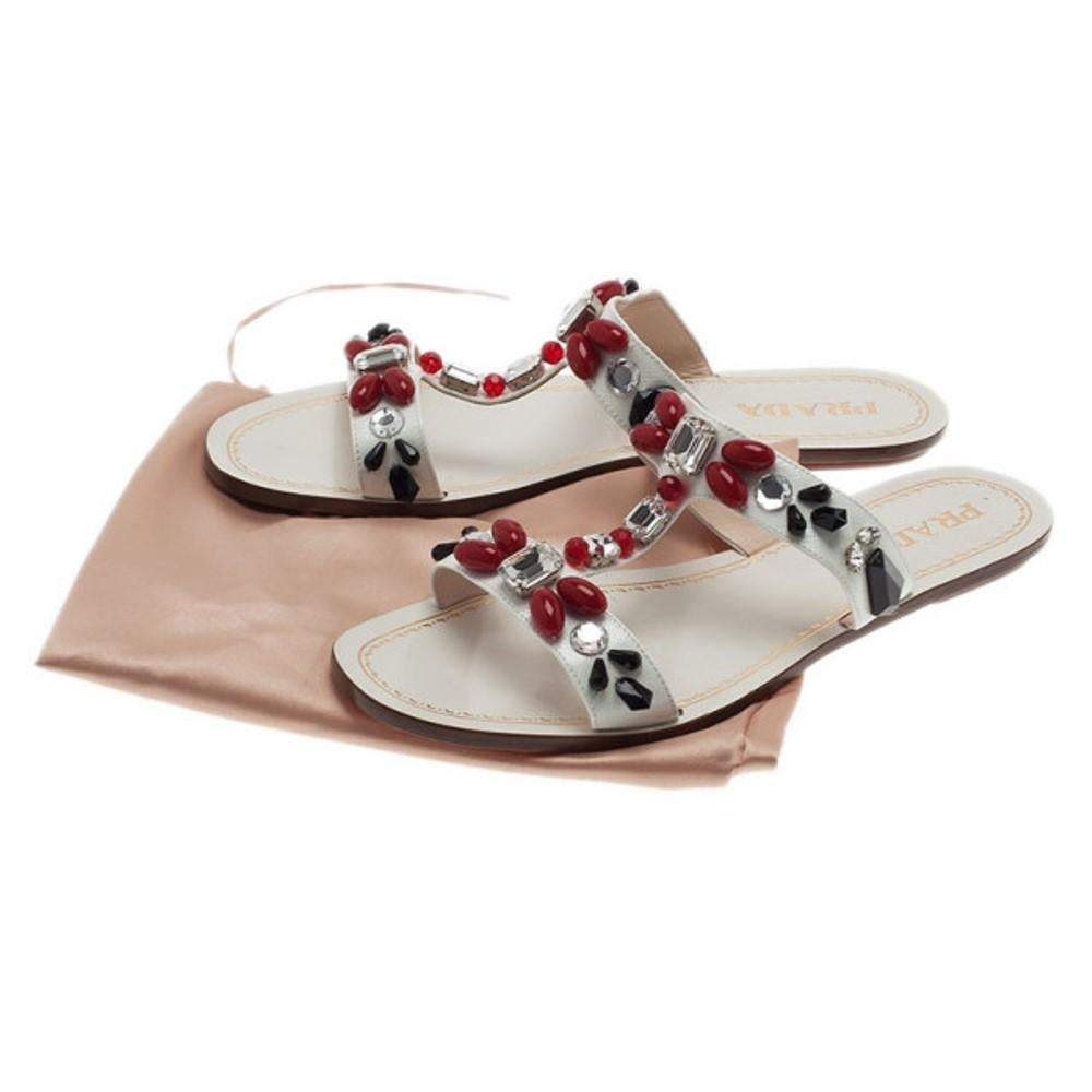 Prada White Patent Saffiano Leather Jeweled Flat Sandals Size 39.5 3