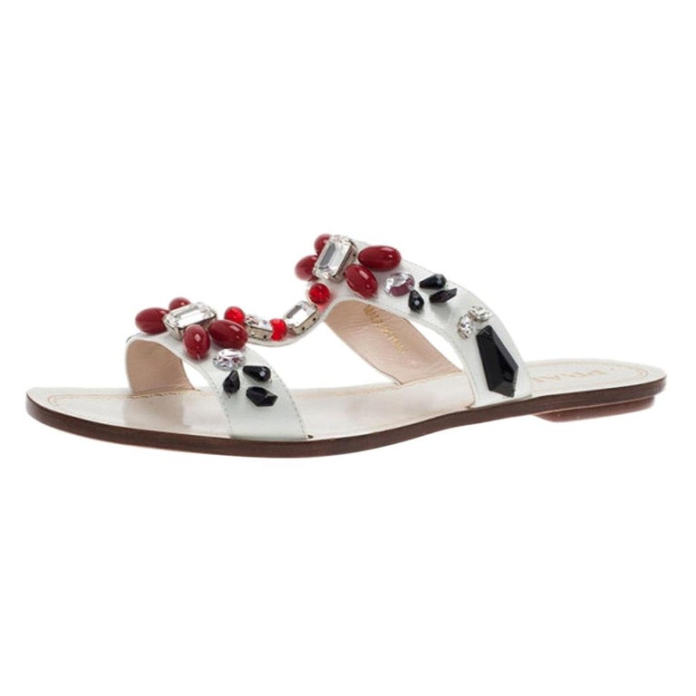 Prada White Patent Saffiano Leather Jeweled Flat Sandals Size 39.5 at  1stDibs