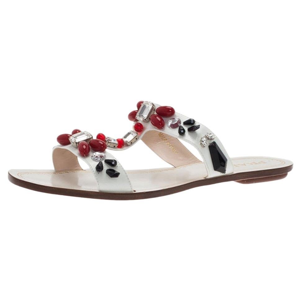 Prada White Patent Saffiano Leather Jeweled Flat Sandals Size 39.5
