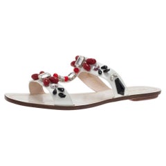Prada White Patent Saffiano Leather Jeweled Flat Sandals Size 39.5