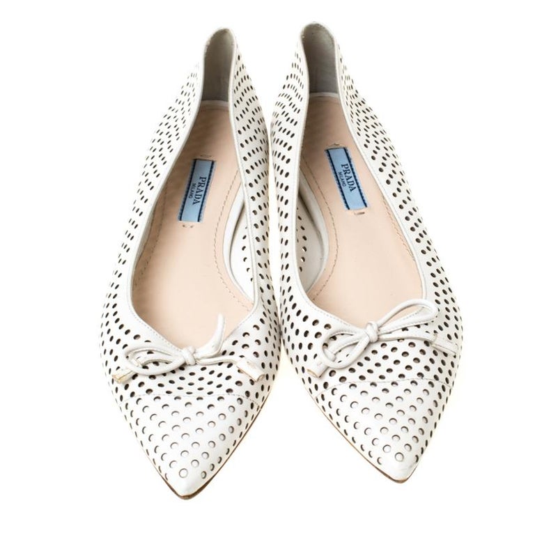 Prada White Perforated Leather Bow Pointed Toe Ballet Flats Size 37.5 ...