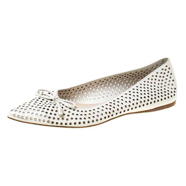 Prada White Perforated Leather Bow Pointed Toe Ballet Flats Size 37.5 ...