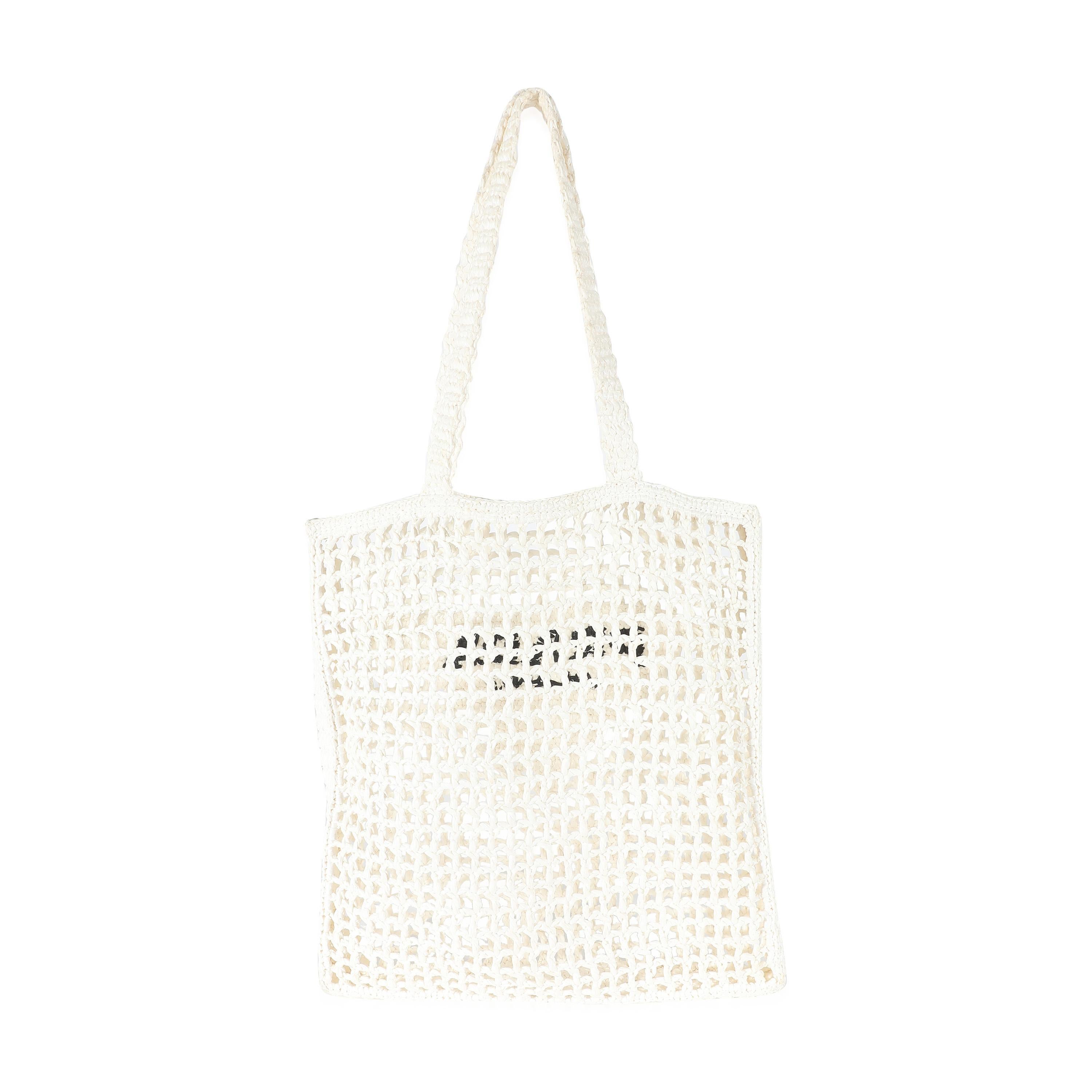 Prada White Raffia Crochet Triangle Logo Tote In Excellent Condition For Sale In New York, NY