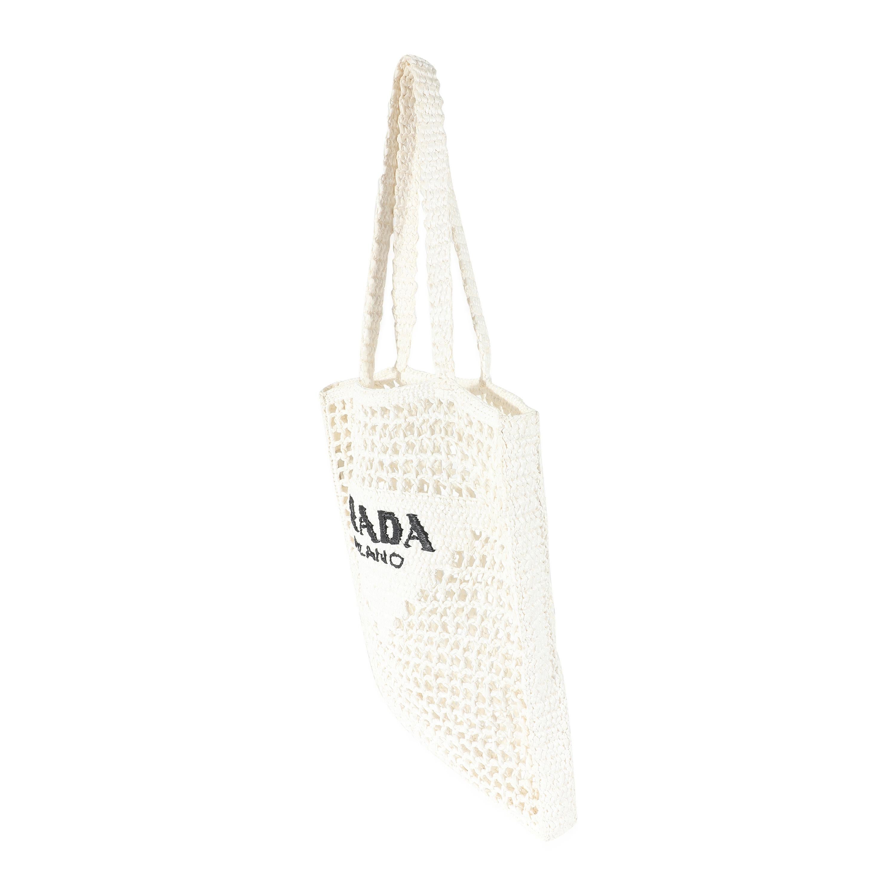 Women's or Men's Prada White Raffia Crochet Triangle Logo Tote For Sale