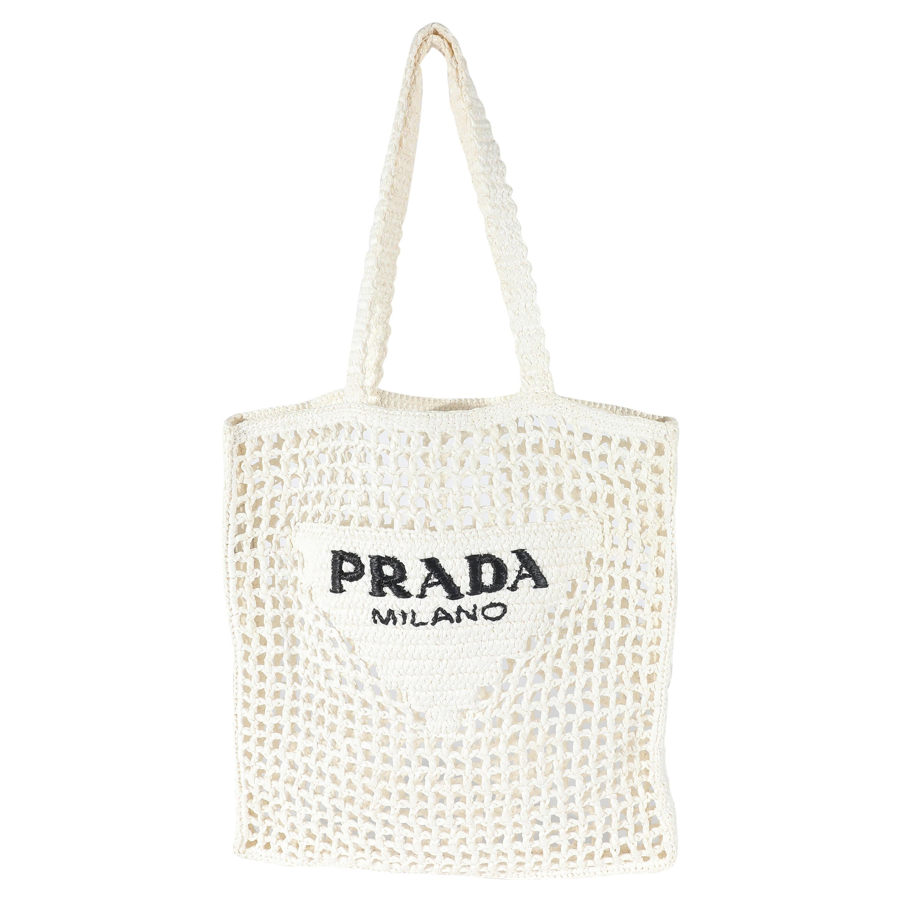 Prada White Raffia Crochet Triangle Logo Tote