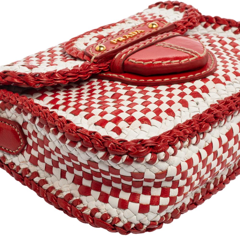 Prada White/Red Leather Madras Crossbody Bag 3