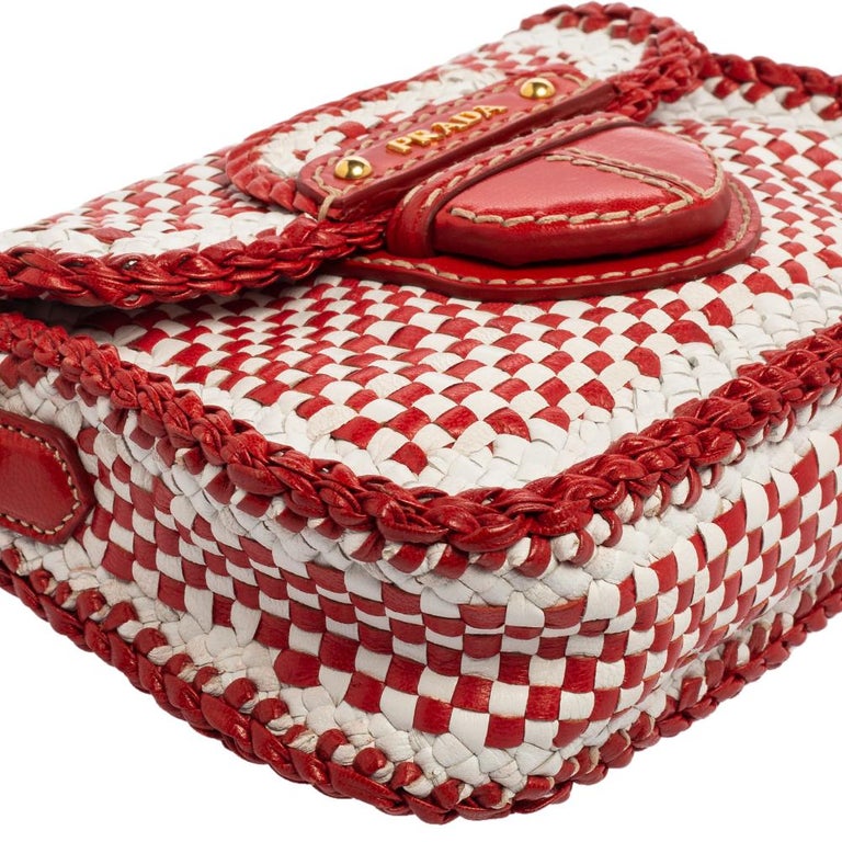 Prada White/Red Leather Madras Crossbody Bag at 1stDibs