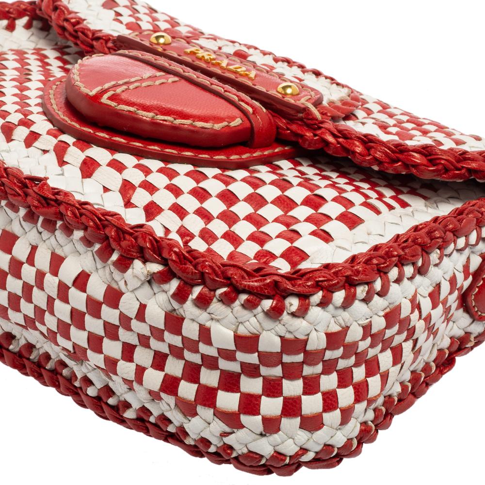 Prada White/Red Leather Madras Crossbody Bag 4