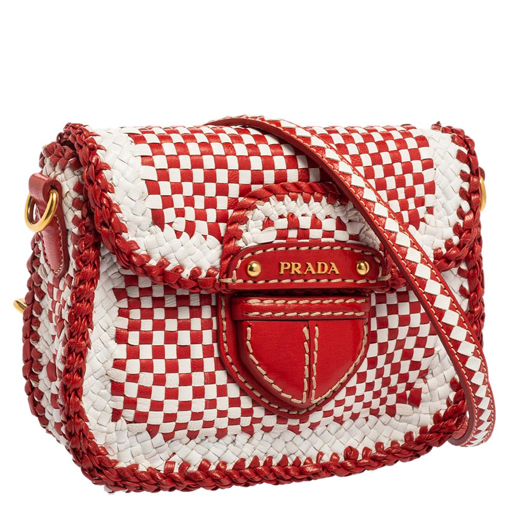 Prada White/Red Leather Madras Crossbody Bag In Good Condition In Dubai, Al Qouz 2