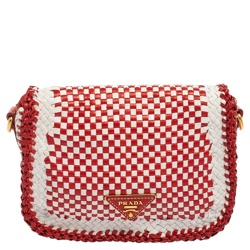 Women's Prada White/Red Leather Madras Crossbody Bag
