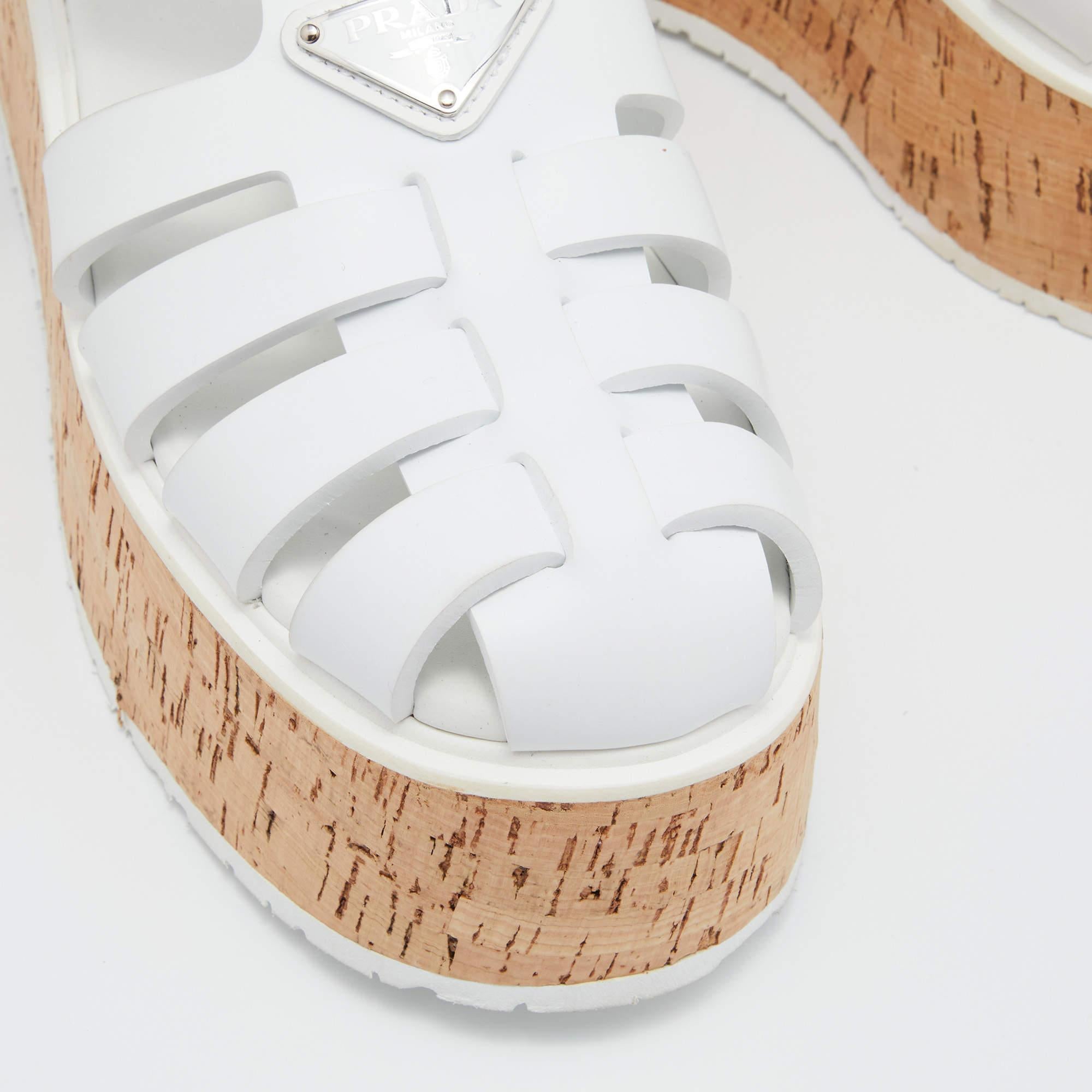 Women's Prada White Rubber Cork Wedge Ankle Strap Sandals Size 40