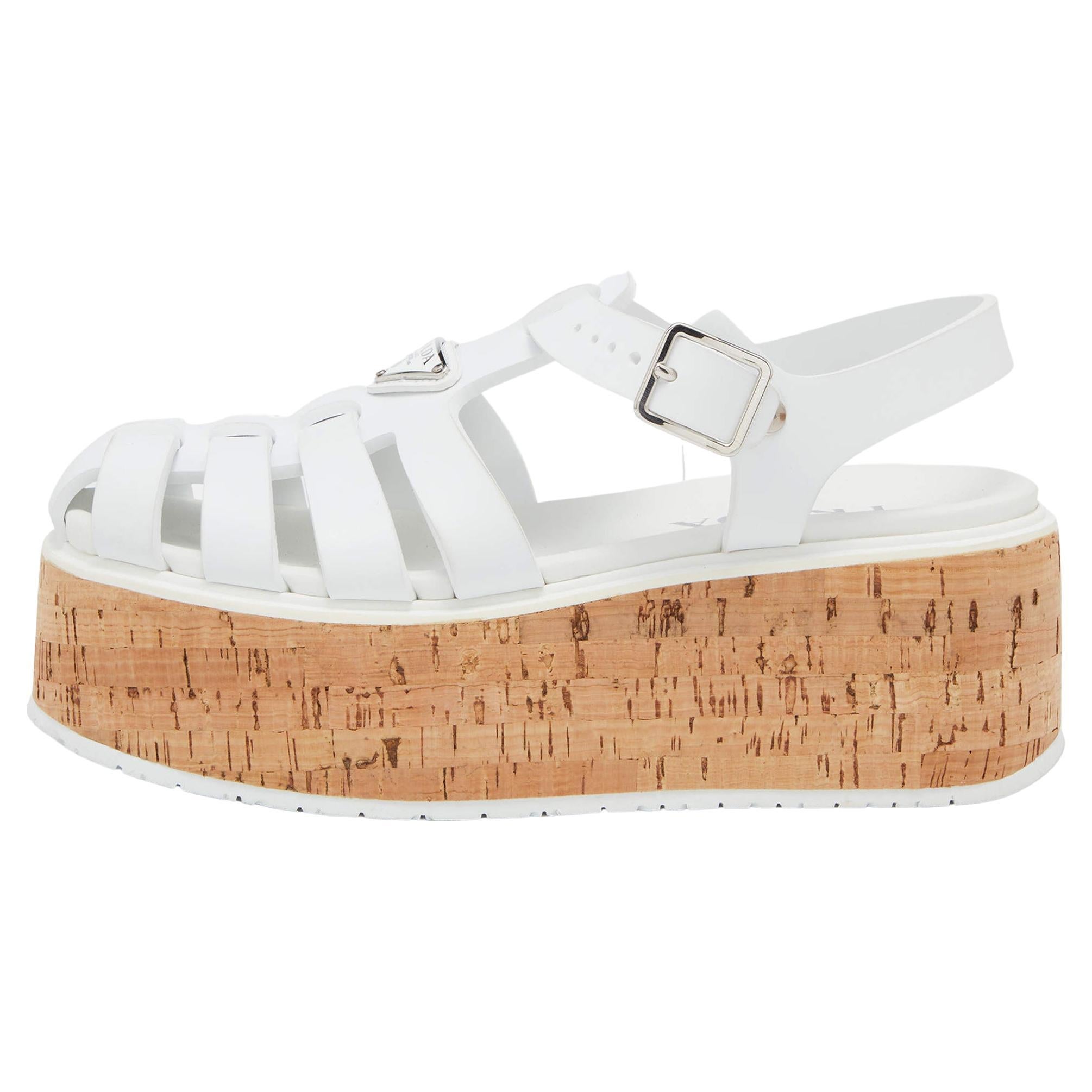 Prada White Rubber Cork Wedge Ankle Strap Sandals Size 40