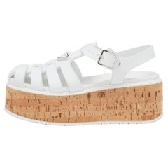 Prada White Rubber Cork Wedge Ankle Strap Sandals Size 40