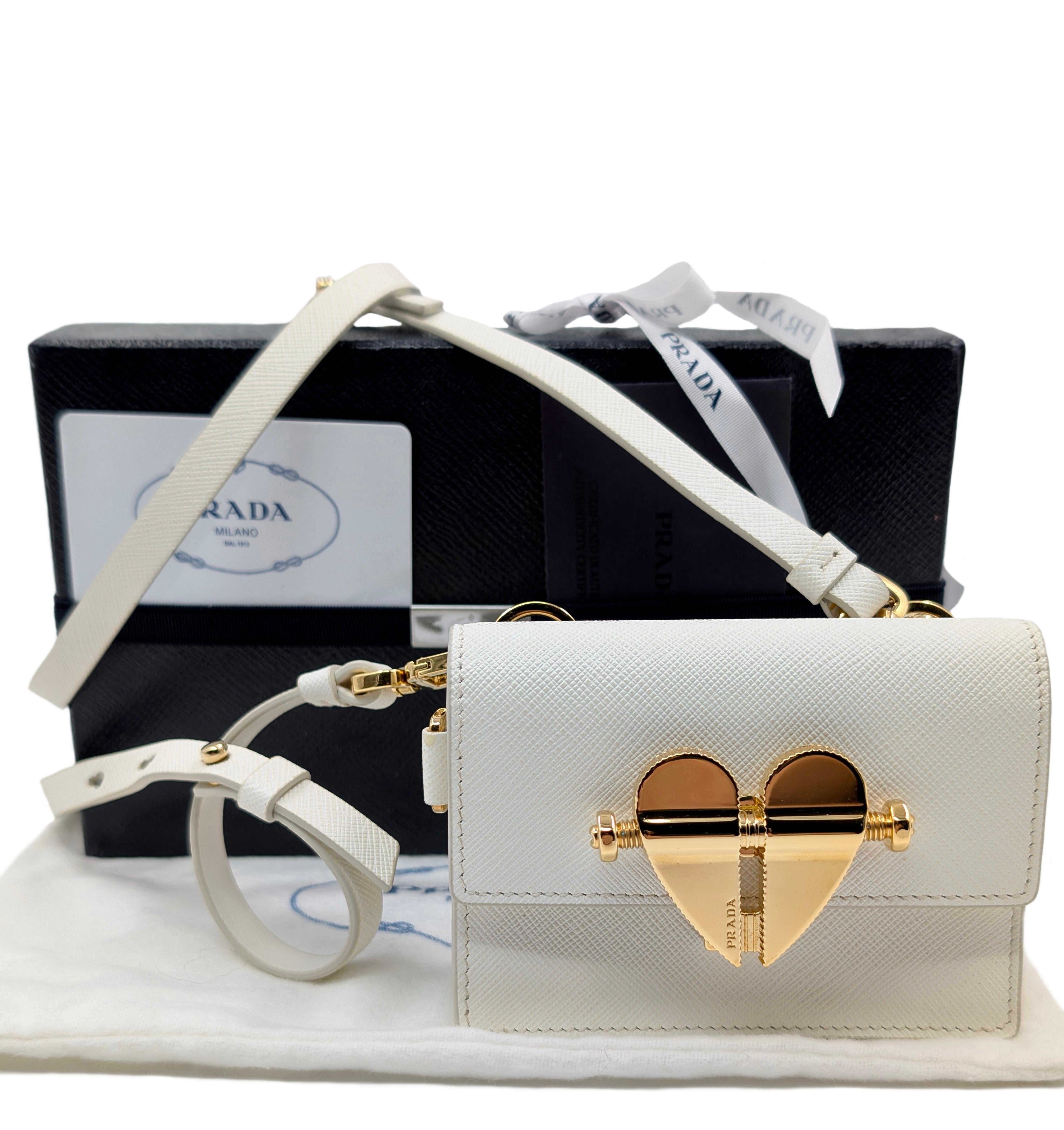 Women's PRADA White Saffiano Lock Heart mini bag For Sale