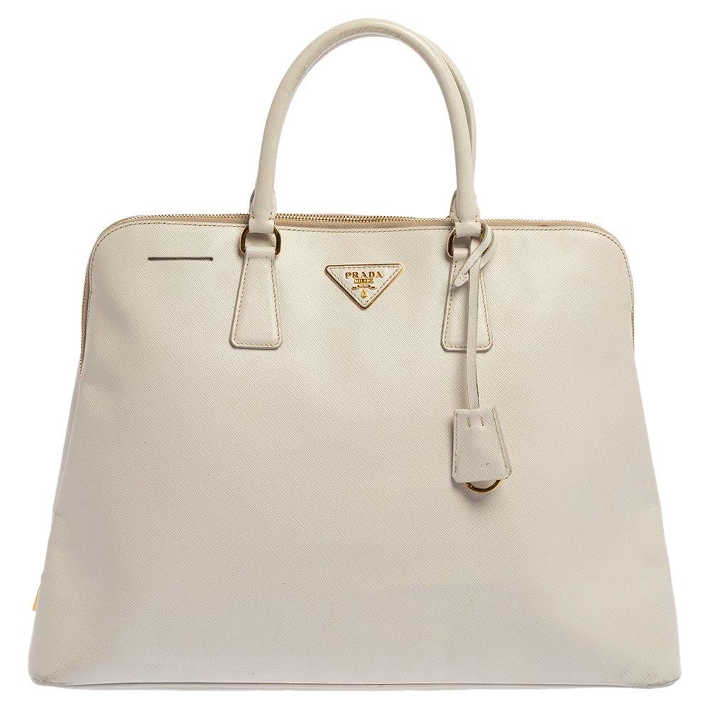 Prada White Saffiano Lux Leather Dome Satchel