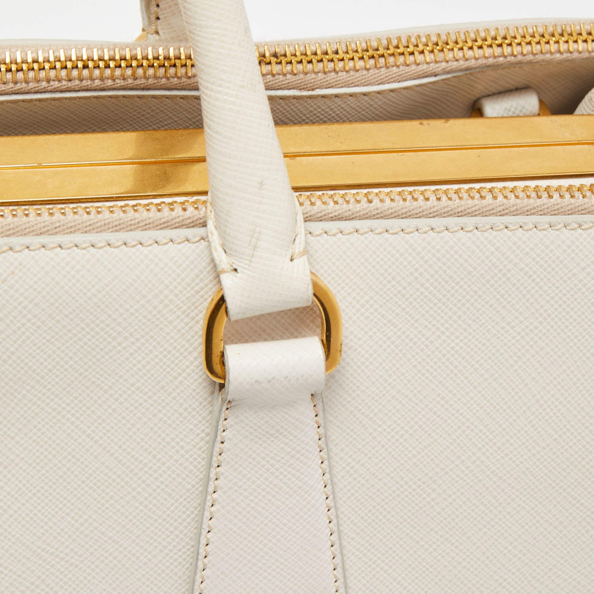 Prada White Saffiano Lux Leather Frame Tote 6