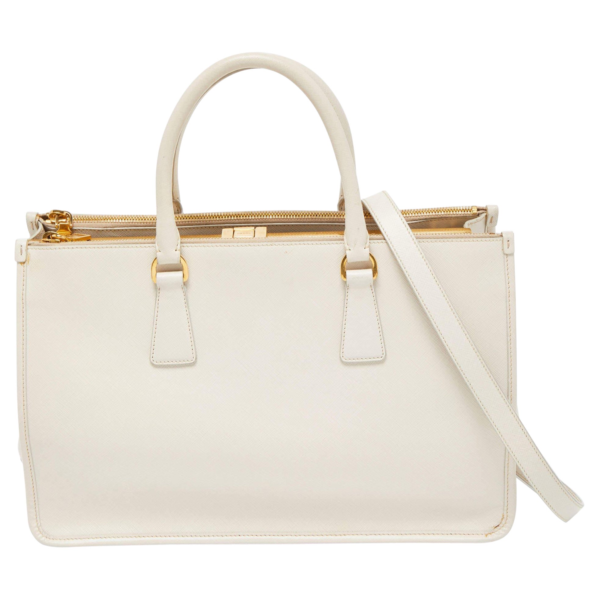 Prada White Saffiano Lux Leather Frame Tote