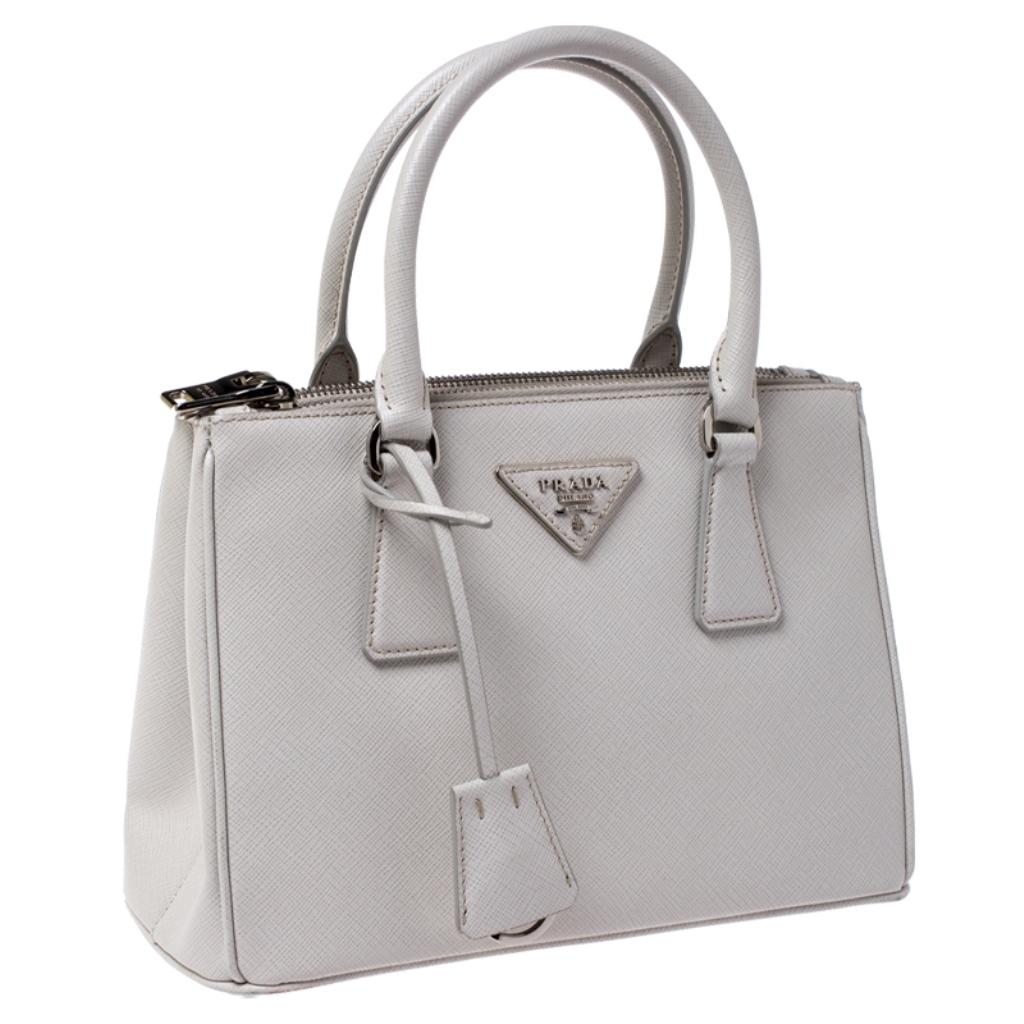 Gray Prada White Saffiano Lux Leather Mini Double Zip Tote