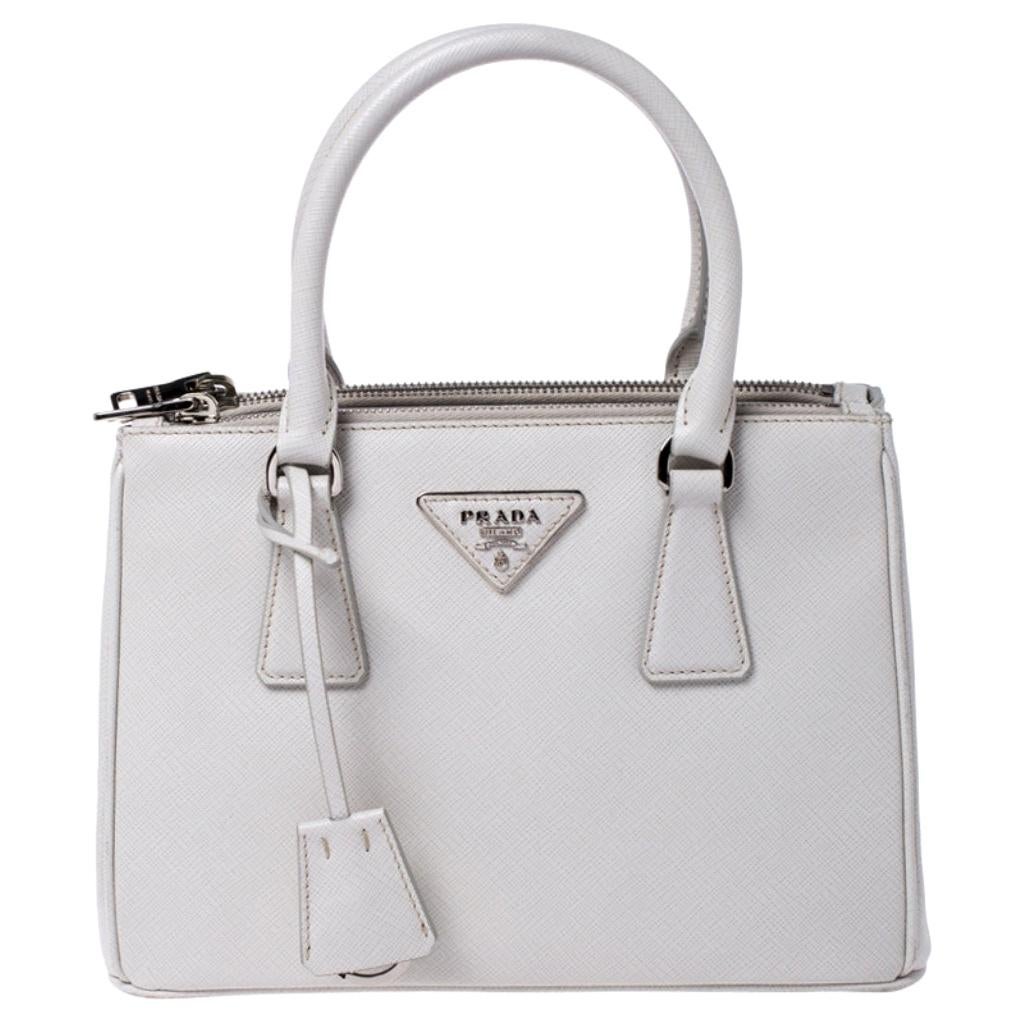 Prada White Saffiano Lux Leather Mini Double Zip Tote