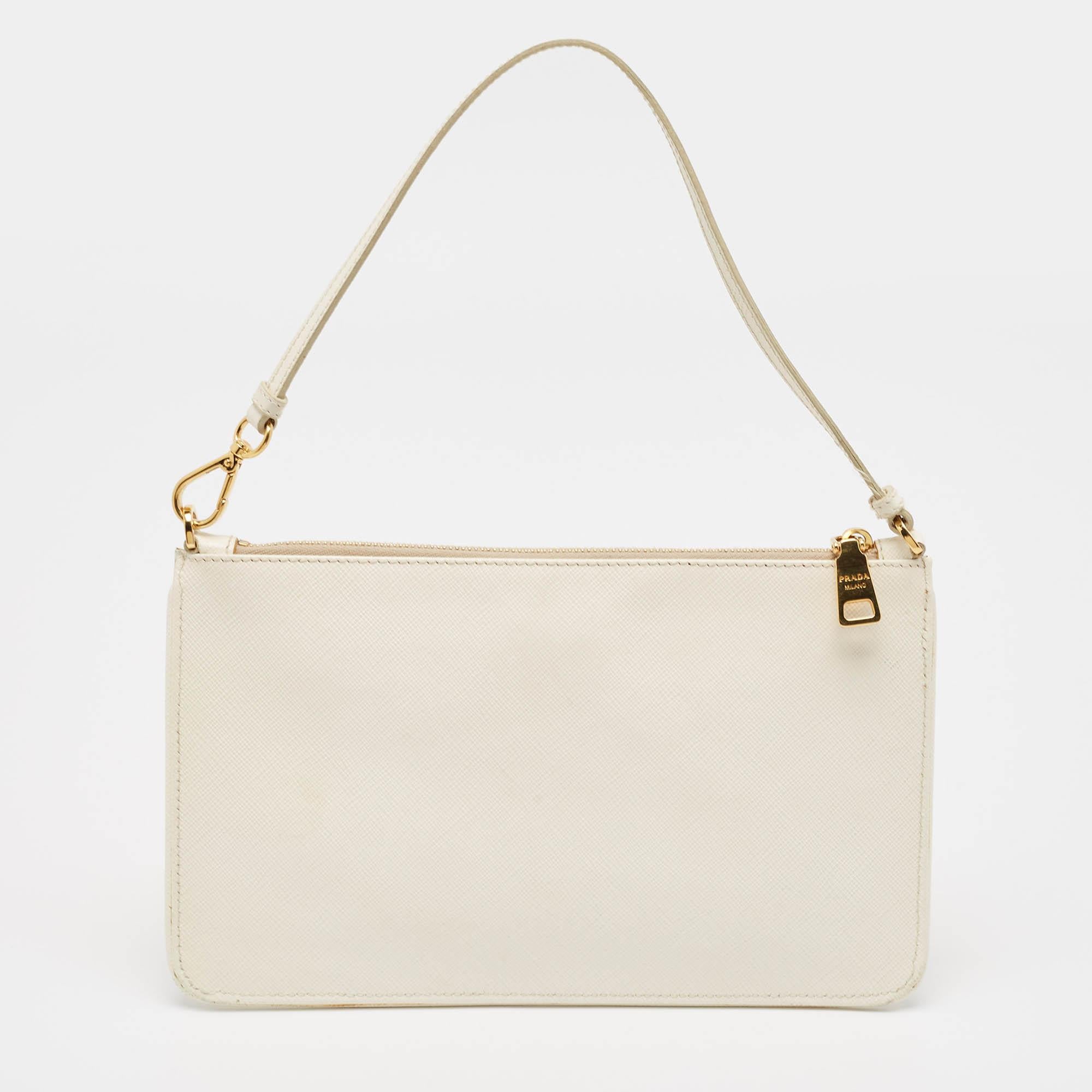 Women's Prada White Saffiano Lux Leather Slim Pochette Bag