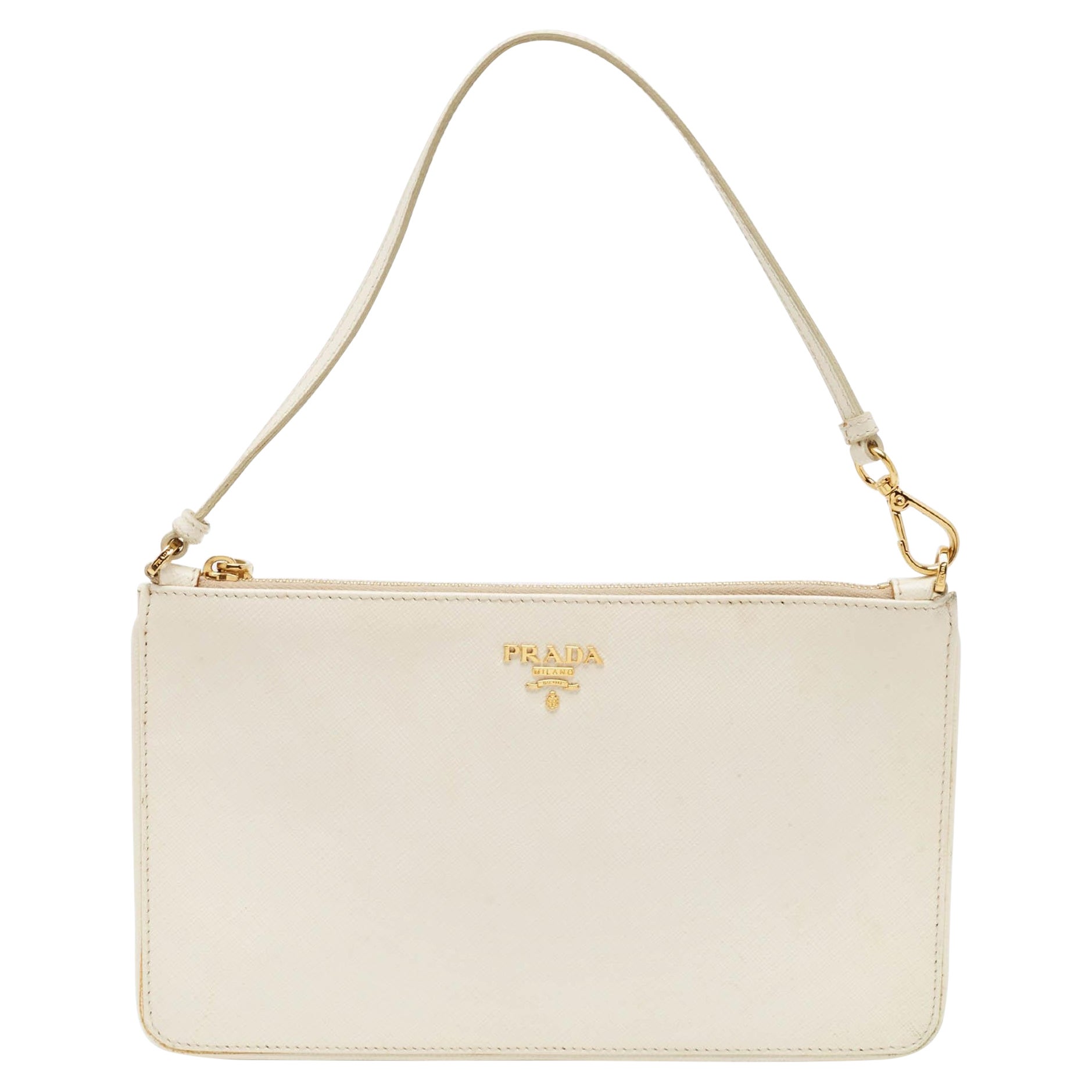 Prada White Saffiano Lux Leather Slim Pochette Bag