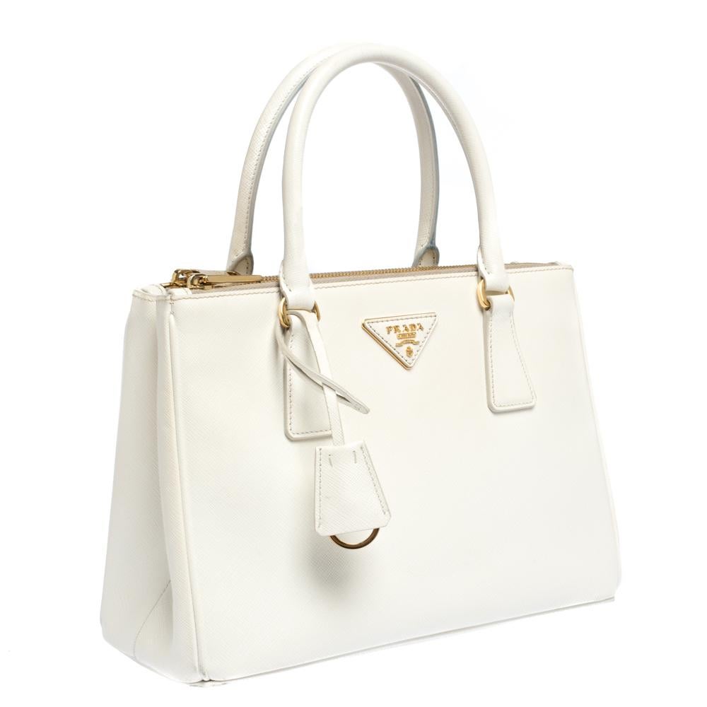 Women's Prada White Saffiano Lux Leather Small Double Zip Tote