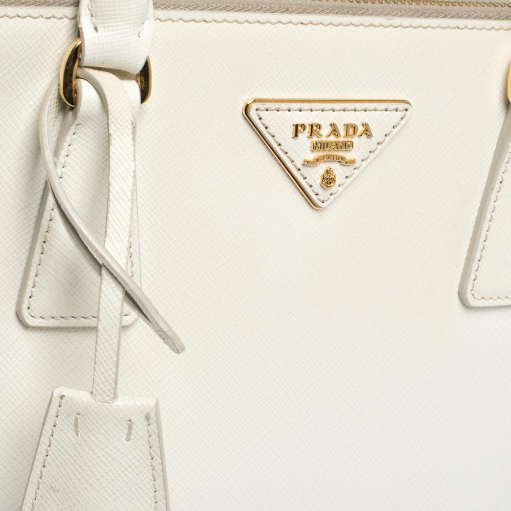 Prada White Saffiano Lux Leather Small Double Zip Tote 1