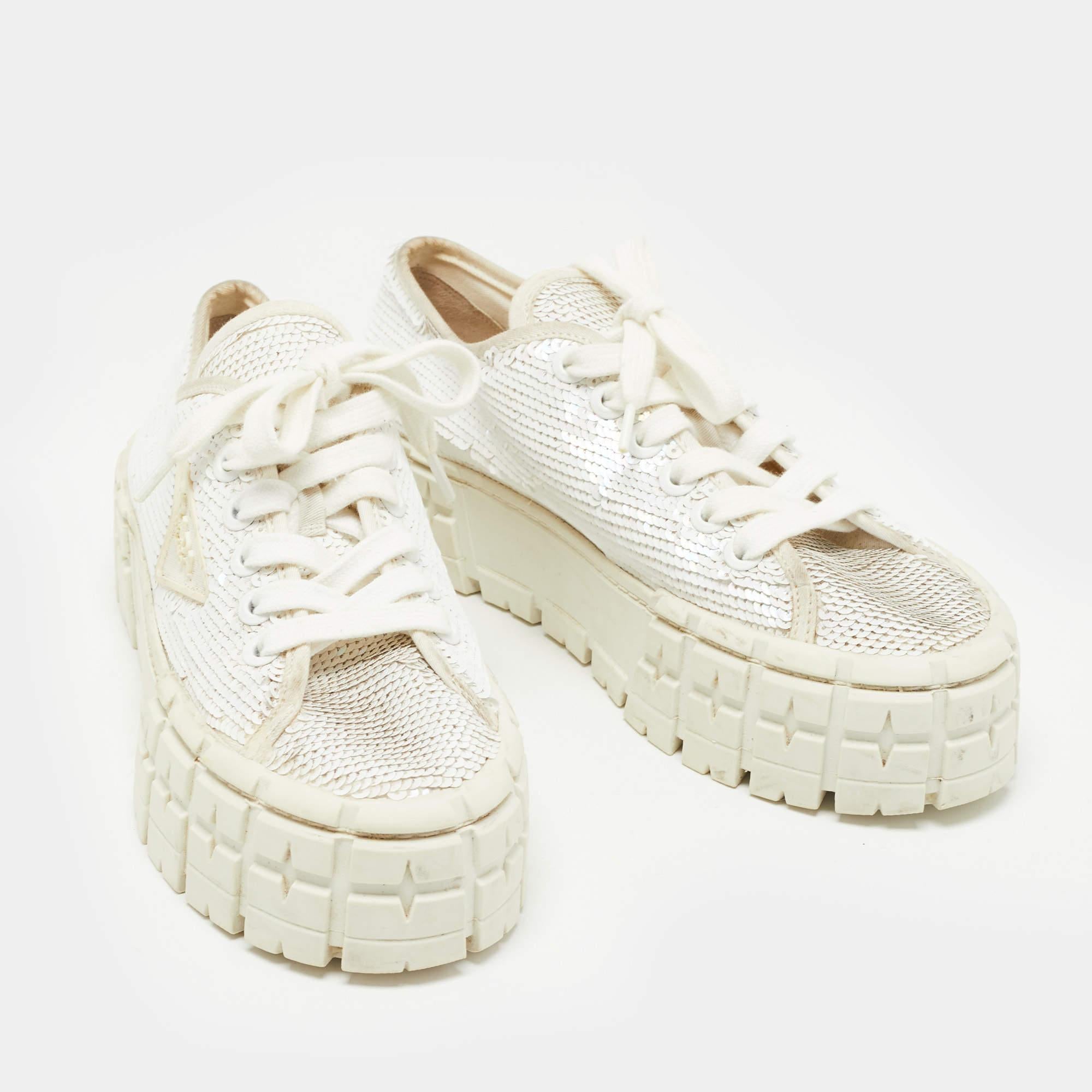Prada White Sequins Double Wheel Platform Sneakers Size 38 1